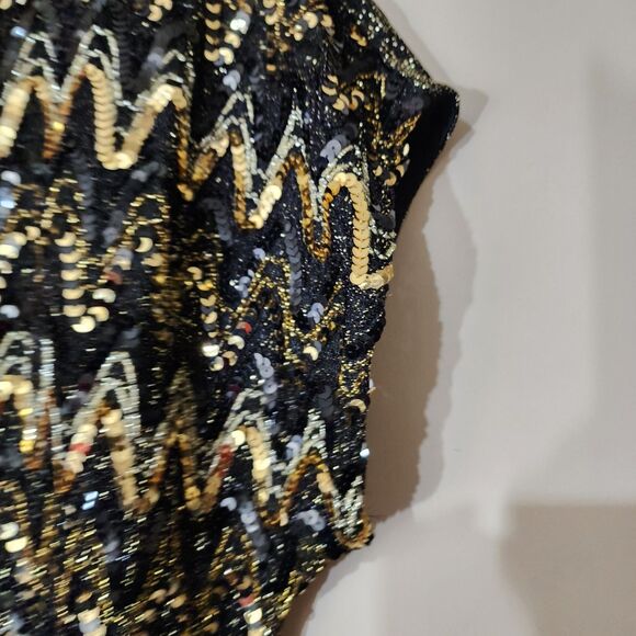 Roamans Black Gold Sequin VINTAGE Holiday Shell Top Plus Size 20/22 Stretch - Picture 11 of 16